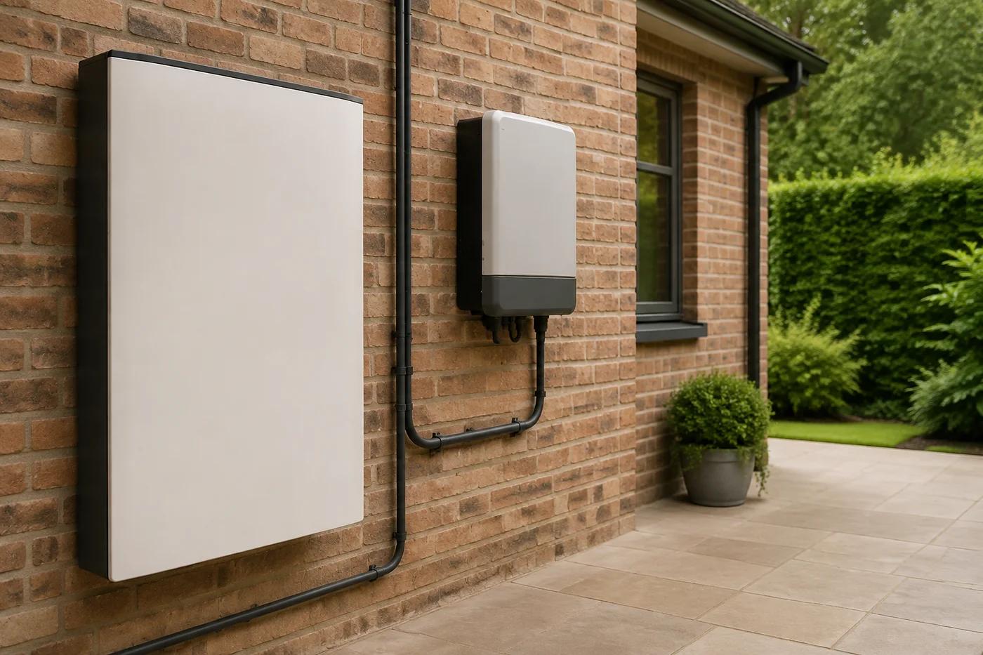 Illustrative unbranded home battery and inverter beside a brick house