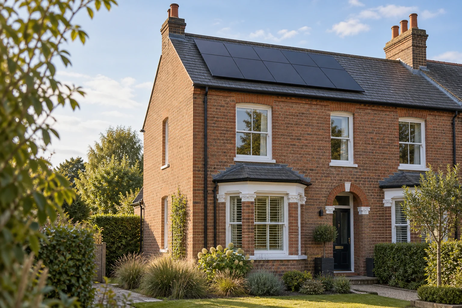 Brick English home with a slate roof and rooftop solar panels